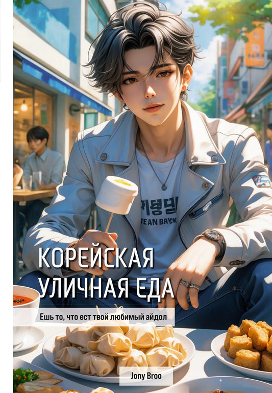 Книга о корейской уличной еде и творческих наборах от Sovabooks, изображение обложки с иллюстрациями и текстом.