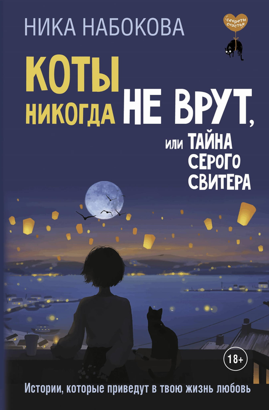 Обложка книги "Коты никогда не врут" Ника Набоковой, психологическая нон-фикшн, изображение серого свитера и кота.