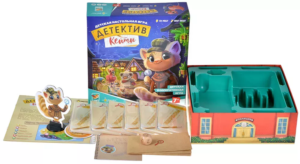 Настольная игра Детектив Кейти от Sovabooks с игровыми карточками и деталями для расследования преступлений.
